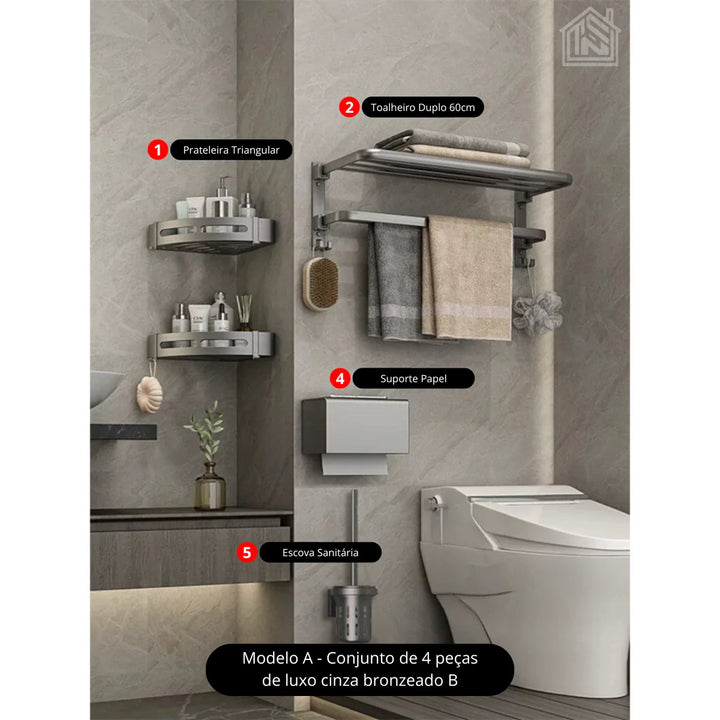 suporte para banheiro duplo com prateleira de canto porta papel higienico e escova sanitária