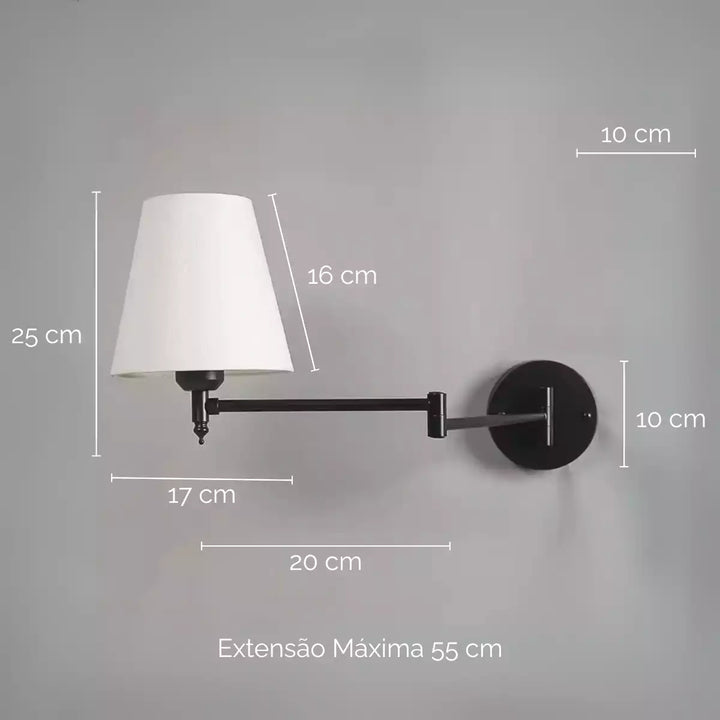Vista técnica da luminária de parede articulada preta com as dimensões em centímetros