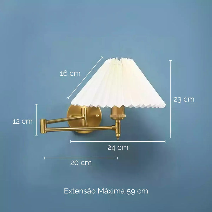 Luminária de parede plissada com braço articulado com as dimensões em centímetros