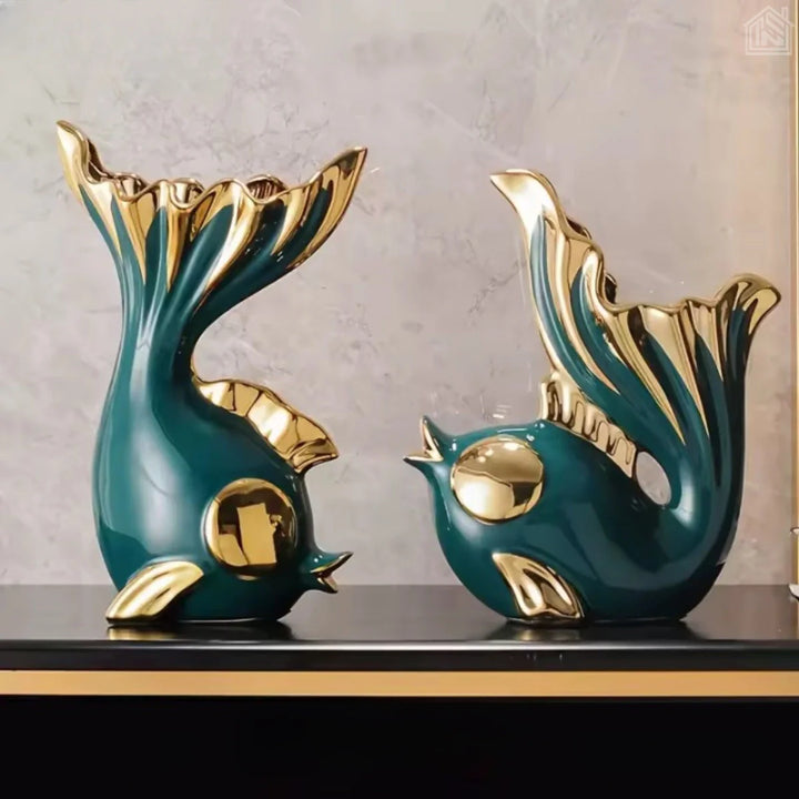 objetos-de-decoração-para-sala-peixes-de-cerâmica-verde-e-dourado