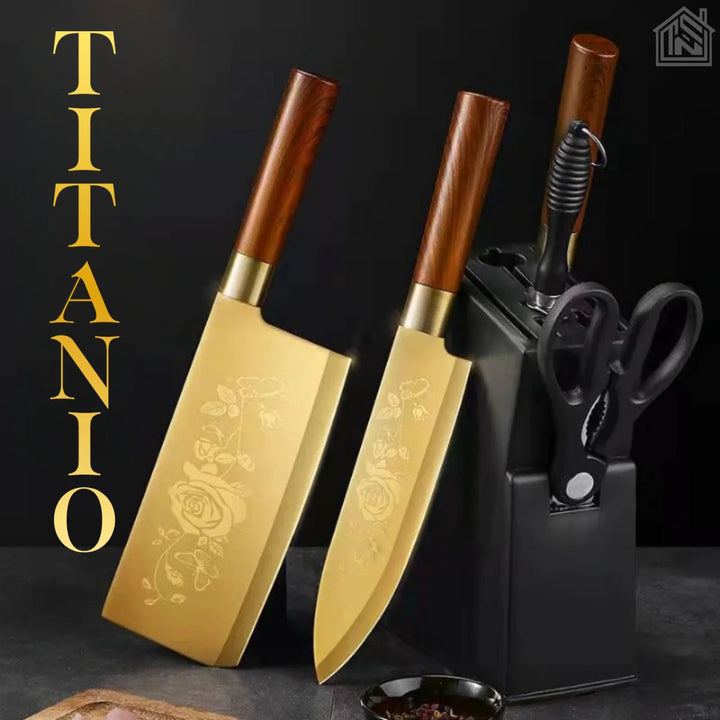 kit de facas dourada em titânio com cabo de madeira tesoura e acessórios