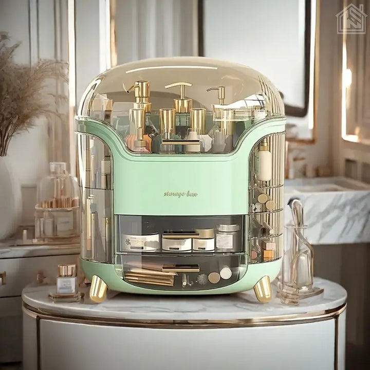 organizador de maquiagem verde em acrílico na mesa do quarto moderno